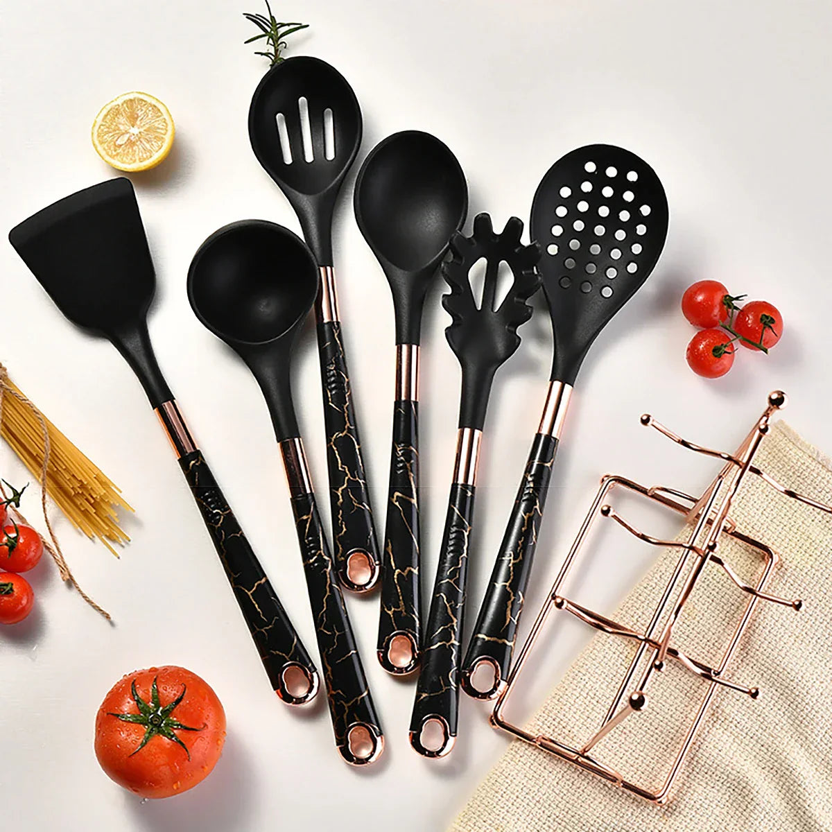7-delige Keukengerei Set - Roségoud - Inclusief Stand Lattea - Stijlvol en Functioneel-Cooking Utensil Sets-De Bazelaar