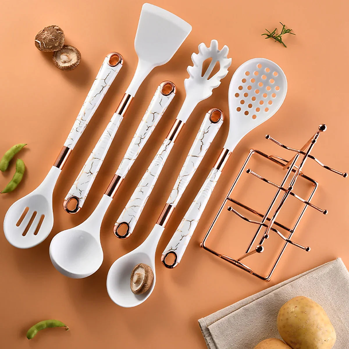 7-delige Keukengerei Set - Roségoud - Inclusief Stand Lattea - Stijlvol en Functioneel-Cooking Utensil Sets-De Bazelaar