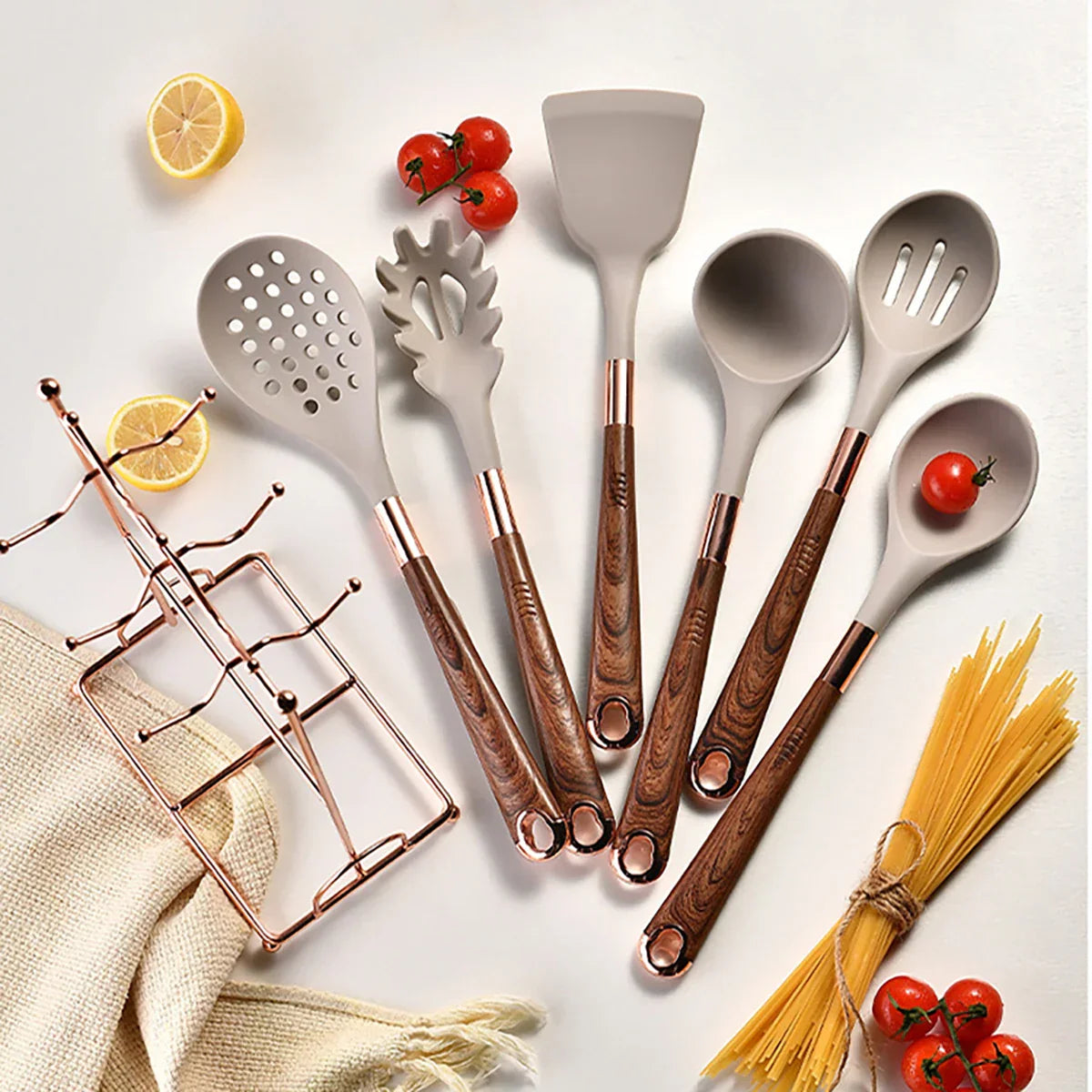 7-delige Keukengerei Set - Roségoud - Inclusief Stand Lattea - Stijlvol en Functioneel-Cooking Utensil Sets-De Bazelaar