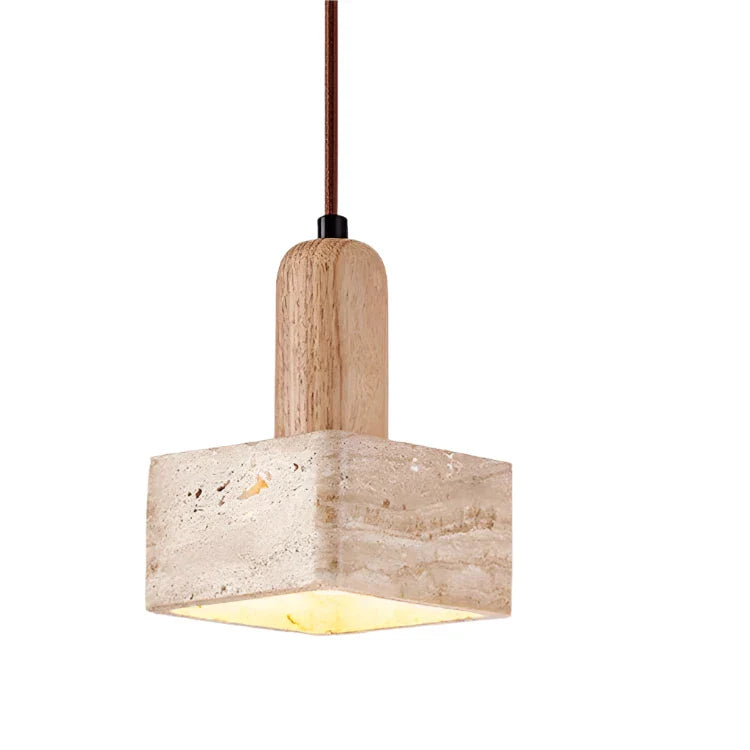 Luxe Vierkante LED Hanglamp van Travertin en Hout-light decor-De Bazelaar