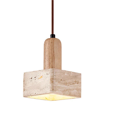 Luxe Vierkante LED Hanglamp van Travertin en Hout-light decor-De Bazelaar