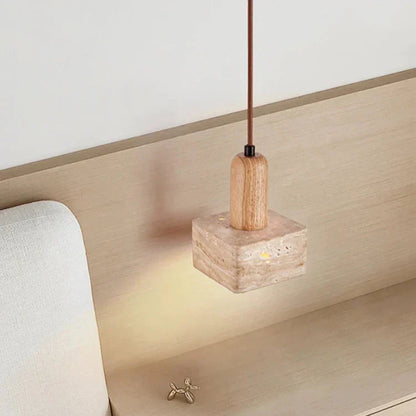 Luxe Vierkante LED Hanglamp van Travertin en Hout-light decor-De Bazelaar