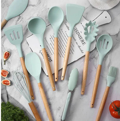 Antiaanbak Silicone Kookgerei Set - Houten Handvatten - Duurzaam en Functioneel-Cooking Utensil Sets-De Bazelaar