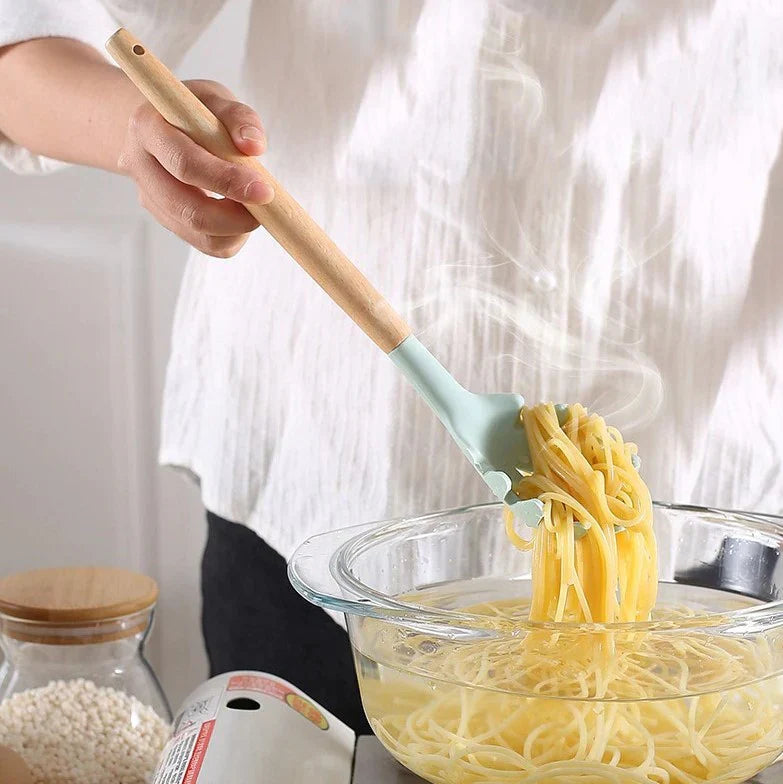 Antiaanbak Silicone Kookgerei Set - Houten Handvatten - Duurzaam en Functioneel-Cooking Utensil Sets-De Bazelaar