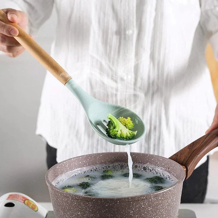 Antiaanbak Silicone Kookgerei Set - Houten Handvatten - Duurzaam en Functioneel-Cooking Utensil Sets-De Bazelaar