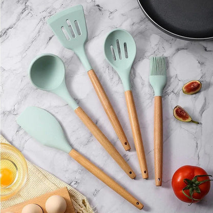 Antiaanbak Silicone Kookgerei Set - Houten Handvatten - Duurzaam en Functioneel-Cooking Utensil Sets-De Bazelaar