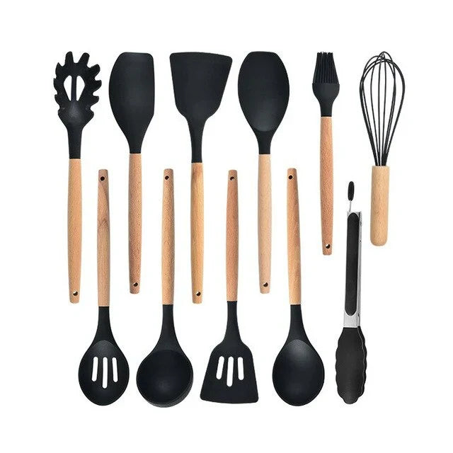 Antiaanbak Silicone Kookgerei Set - Houten Handvatten - Duurzaam en Functioneel-Cooking Utensil Sets-De Bazelaar