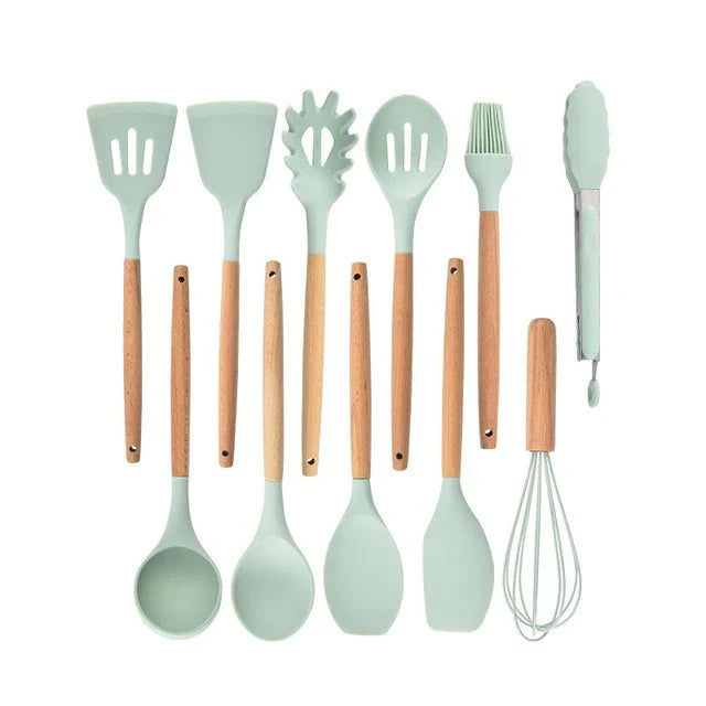 Antiaanbak Silicone Kookgerei Set - Houten Handvatten - Duurzaam en Functioneel-Cooking Utensil Sets-De Bazelaar