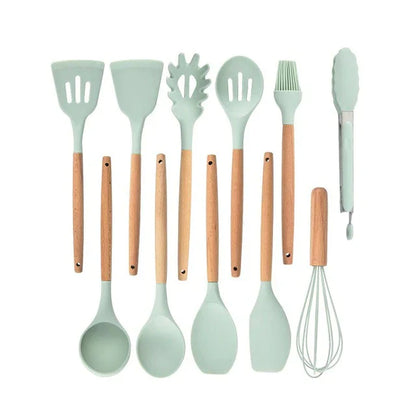 Antiaanbak Silicone Kookgerei Set - Houten Handvatten - Duurzaam en Functioneel-Cooking Utensil Sets-De Bazelaar
