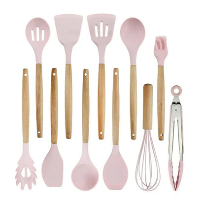 Antiaanbak Silicone Kookgerei Set - Houten Handvatten - Duurzaam en Functioneel-Cooking Utensil Sets-De Bazelaar