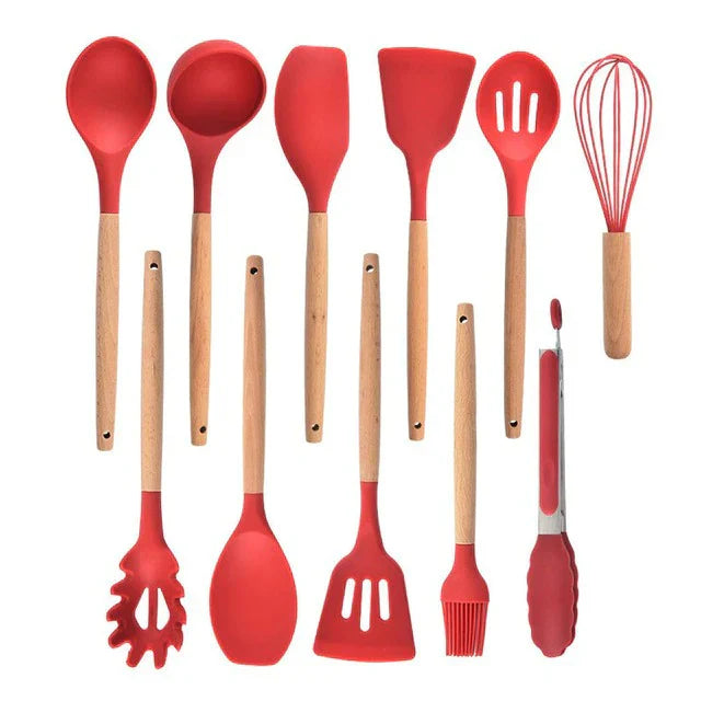 Antiaanbak Silicone Kookgerei Set - Houten Handvatten - Duurzaam en Functioneel-Cooking Utensil Sets-De Bazelaar
