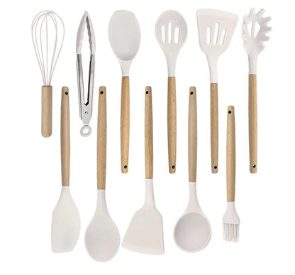 Antiaanbak Silicone Kookgerei Set - Houten Handvatten - Duurzaam en Functioneel-Cooking Utensil Sets-De Bazelaar