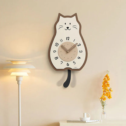 Crème Houten Kat-Vormige Schommel Wandklok - Stille & Moderne Elegantie-Wall Clocks-De Bazelaar