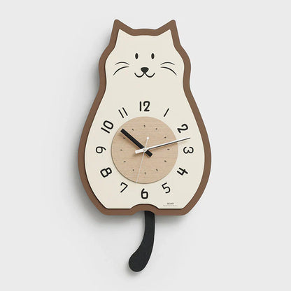 Crème Houten Kat-Vormige Schommel Wandklok - Stille & Moderne Elegantie-Wall Clocks-De Bazelaar