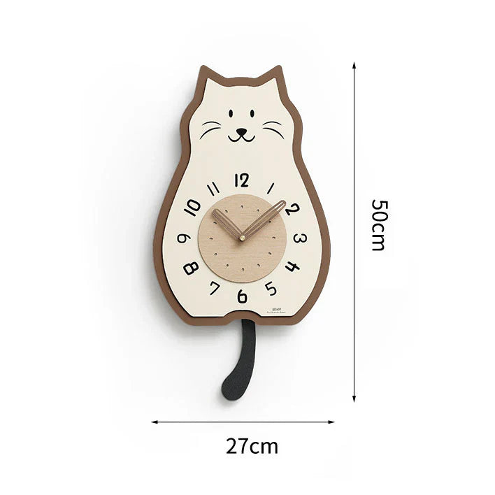 Crème Houten Kat-Vormige Schommel Wandklok - Stille & Moderne Elegantie-Wall Clocks-De Bazelaar