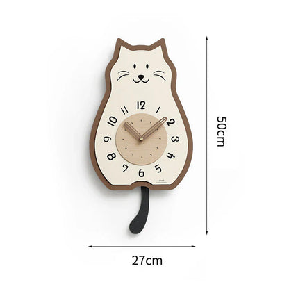 Crème Houten Kat-Vormige Schommel Wandklok - Stille & Moderne Elegantie-Wall Clocks-De Bazelaar