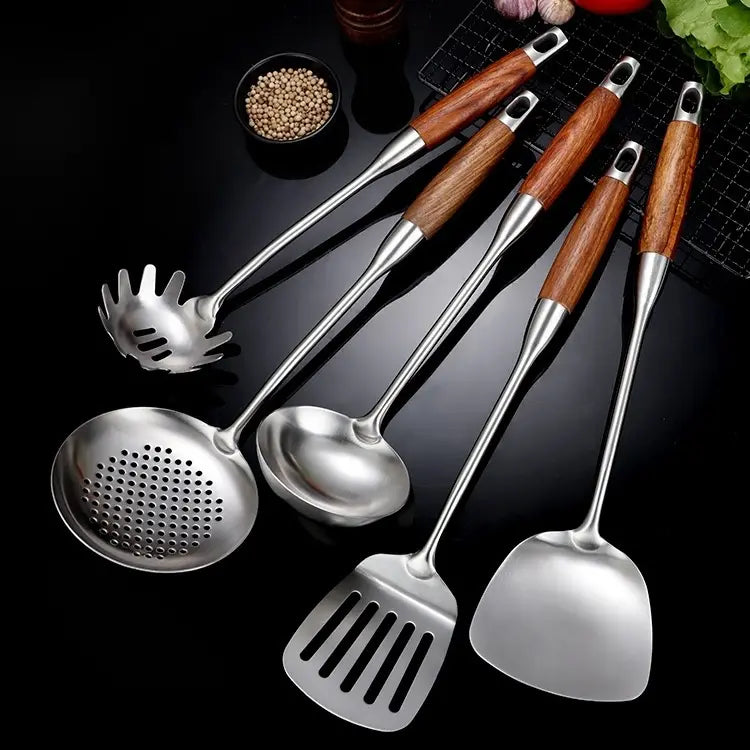 Culina Luxe - RVS Keuken Gereedschap Set - Houten Handvatten - Duurzaam en Stijlvol-Cooking Utensil Sets-De Bazelaar