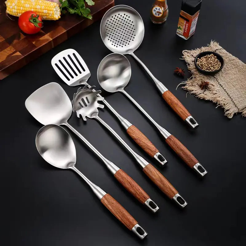 Culina Luxe - RVS Keuken Gereedschap Set - Houten Handvatten - Duurzaam en Stijlvol-Cooking Utensil Sets-De Bazelaar