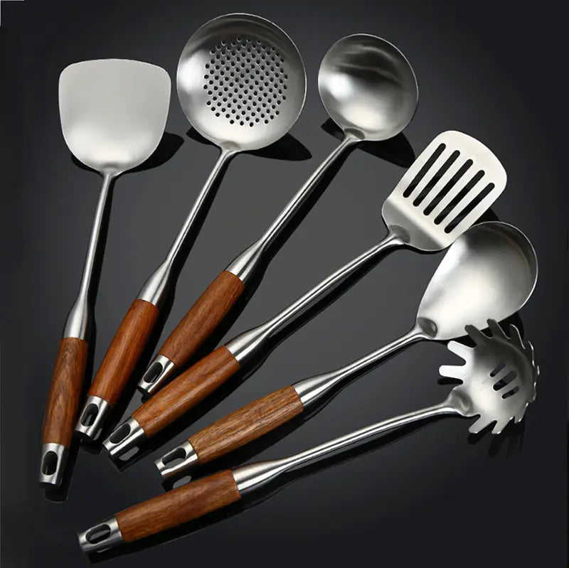 Culina Luxe - RVS Keuken Gereedschap Set - Houten Handvatten - Duurzaam en Stijlvol-Cooking Utensil Sets-De Bazelaar