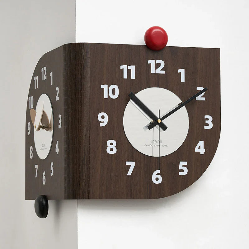 Dubbelzijdige Houten Hoekwandklok - Walnootdesign - Uniek en Stijlvol-Wall Clocks-De Bazelaar