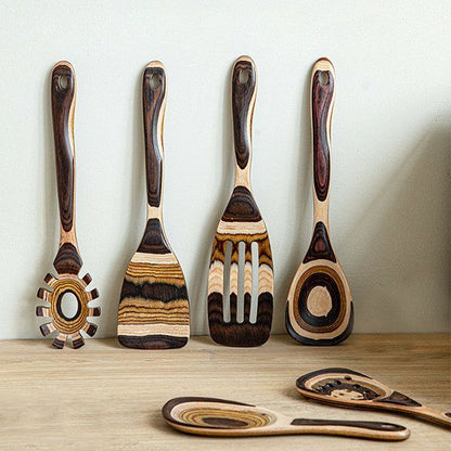 Gestreept Houten Keukengerei Set - Natuurlijke Lattea Creatie - Duurzaam en Stijlvol-Cooking Utensil Sets-De Bazelaar