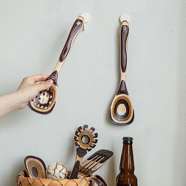 Gestreept Houten Keukengerei Set - Natuurlijke Lattea Creatie - Duurzaam en Stijlvol-Cooking Utensil Sets-De Bazelaar
